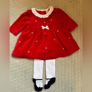 Little Me Red Velvet Holiday Dress with White Bow and tights